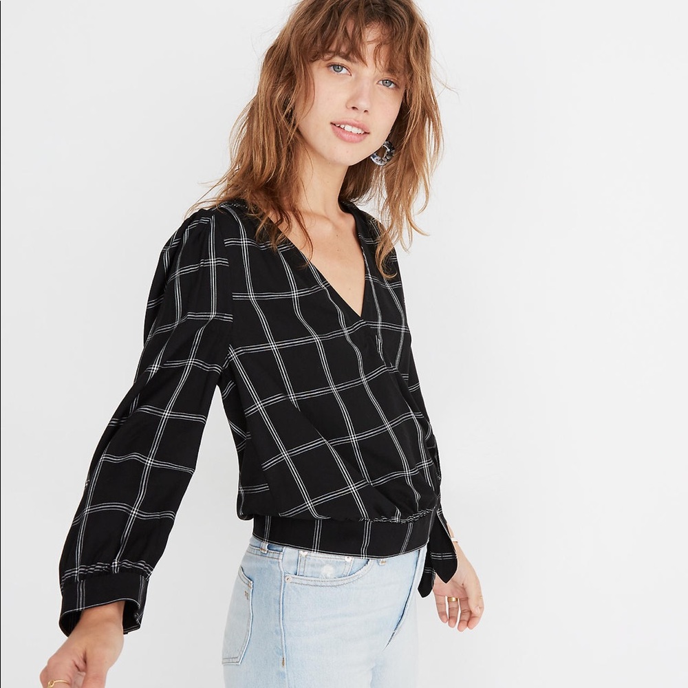 Madewell Wrap Top Black And White Windowpane